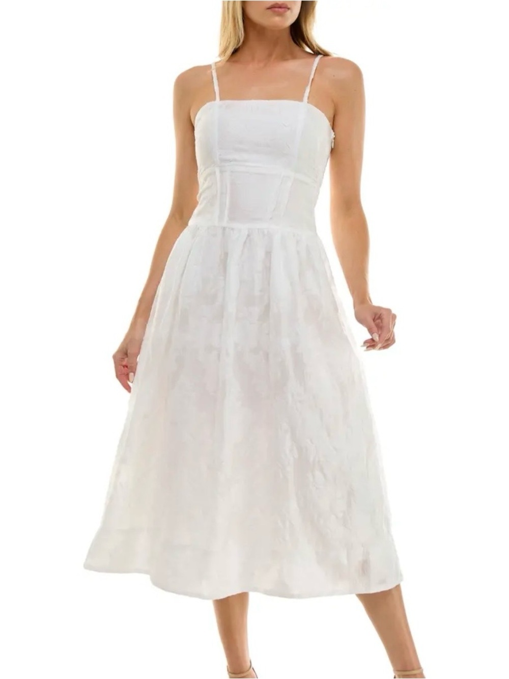 Socialite White Floral Jacquard Midi Dress Size L Smocked Adjustable Sundress